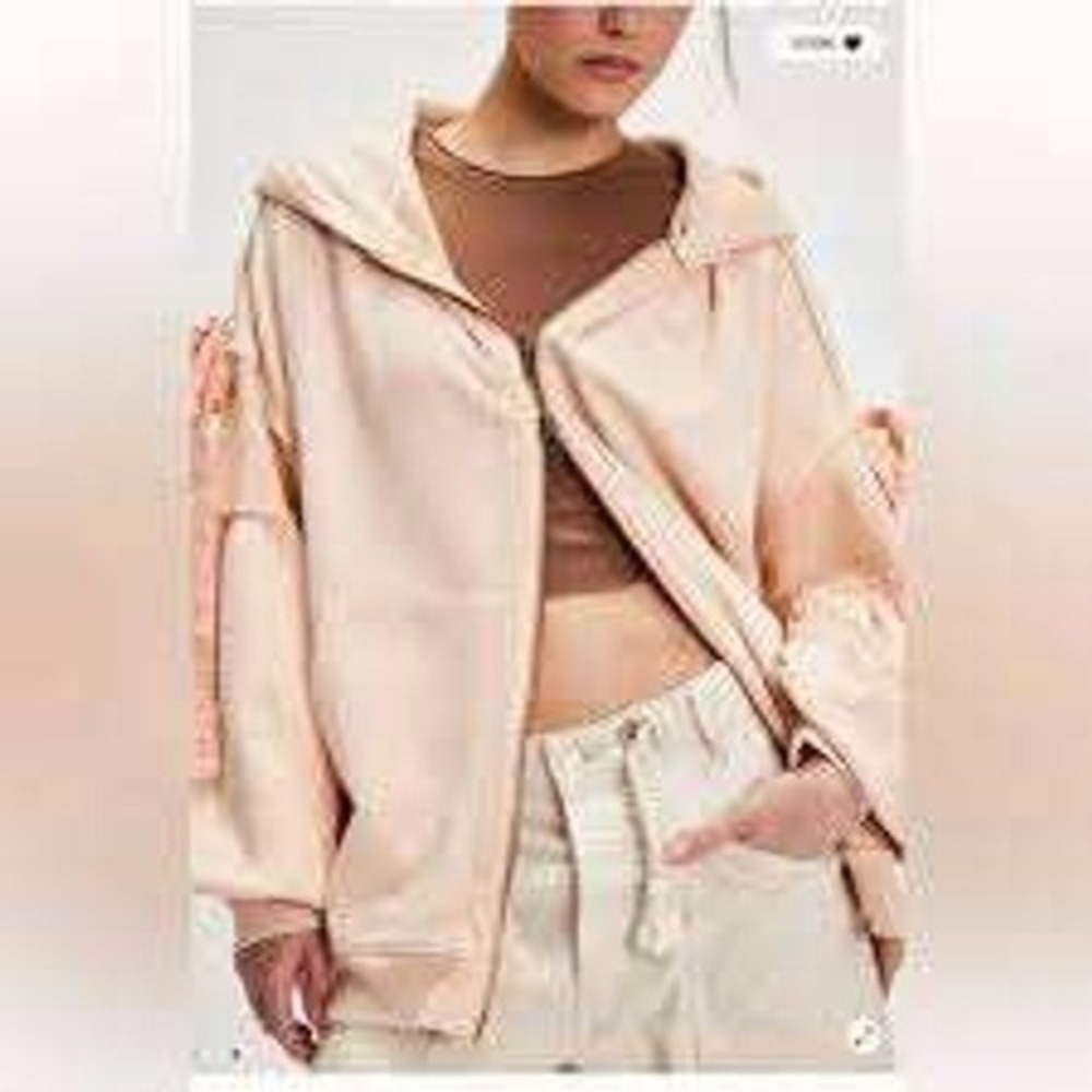 Free People NWT Bow Girl Full Zip Hooded Sweatshirt in Spring Blush Size XL - Picture 3 of 7